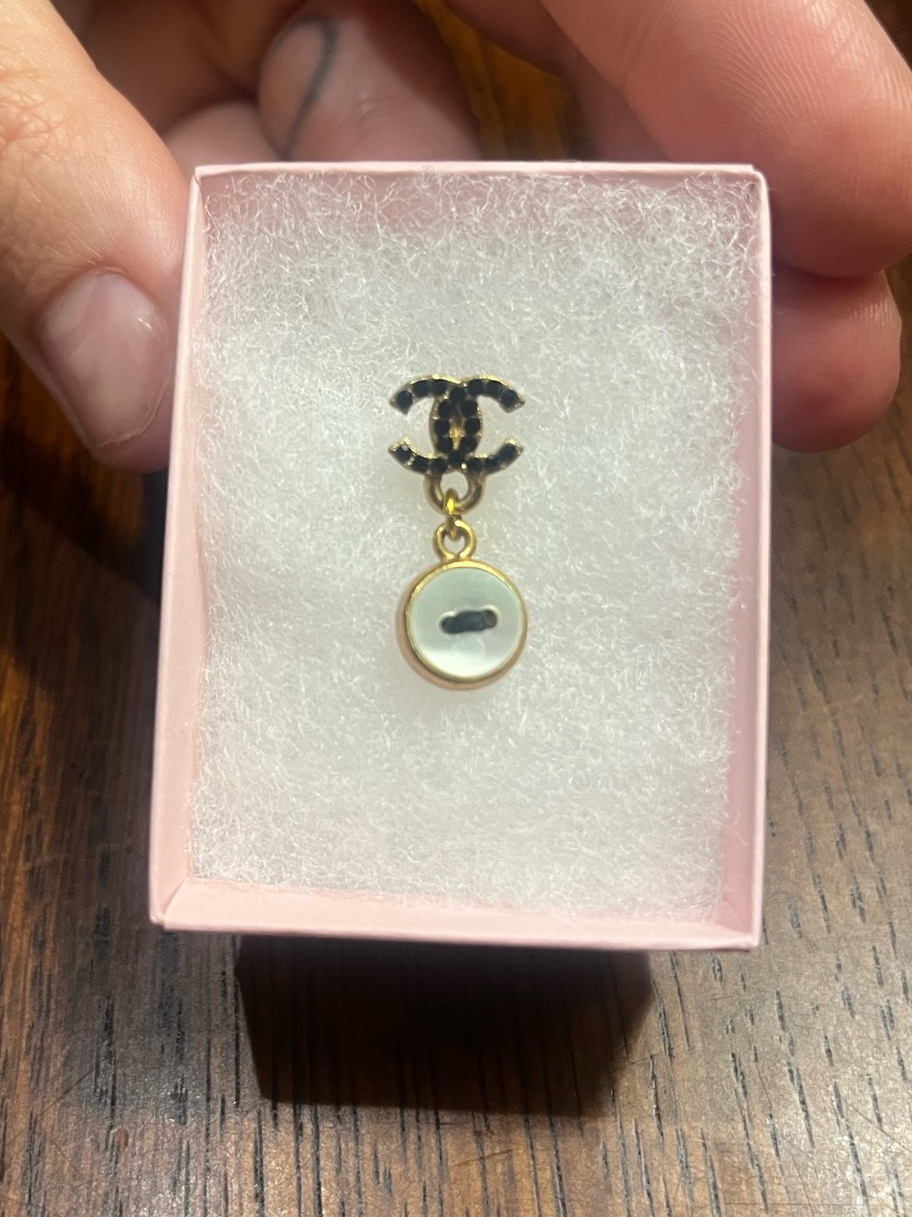 CHANEL Black and Gold CC Drop Earring with Mother-of-Pearl Button